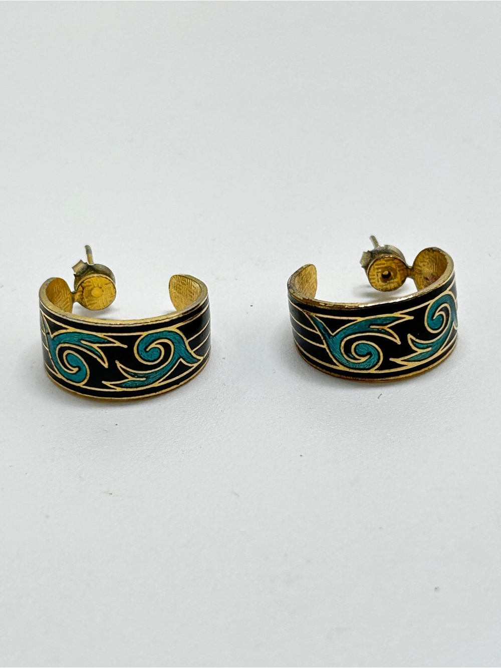 Vintage Gold, Black, Blue And Green Paisley Cloisonné Hoop Earrings, Studs